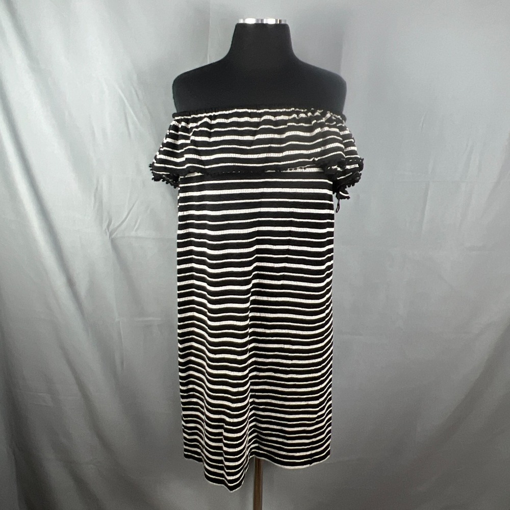 Loft Dress Womens XS White Black Striped Stretch Ruffle Tube Off The Shoulder